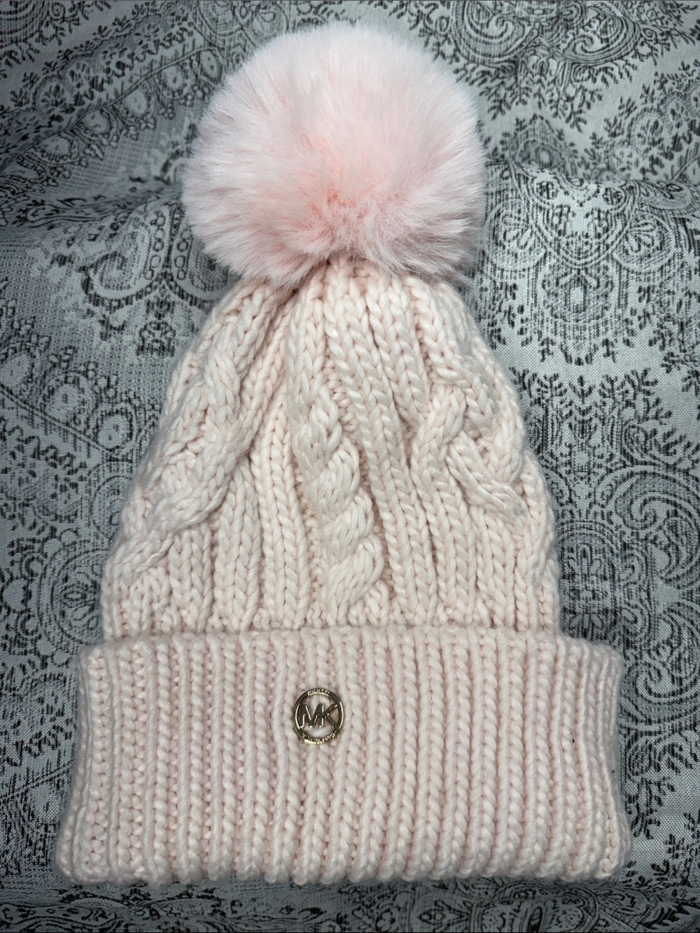 Michael Kors Light Pink Cable Knit Pom Beanie